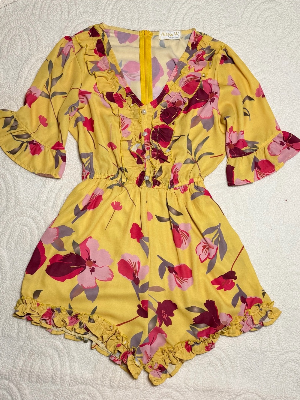 Yellow Floral Ruffle V-Neck Romper - Picture 2 of 3